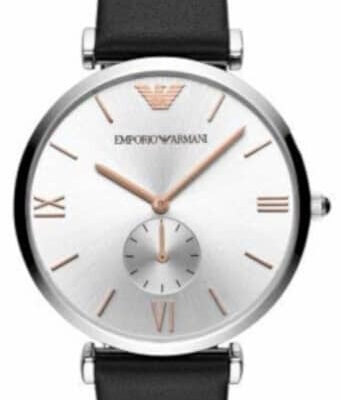 Emporio Armani Gianni T Bar Mother of Pearl Dial Black Leather Strap Watch For Women - AR90002